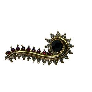 Monet Signed Vintage Gold Tone Clear Red‎ AB Swirl Shaped Brooch